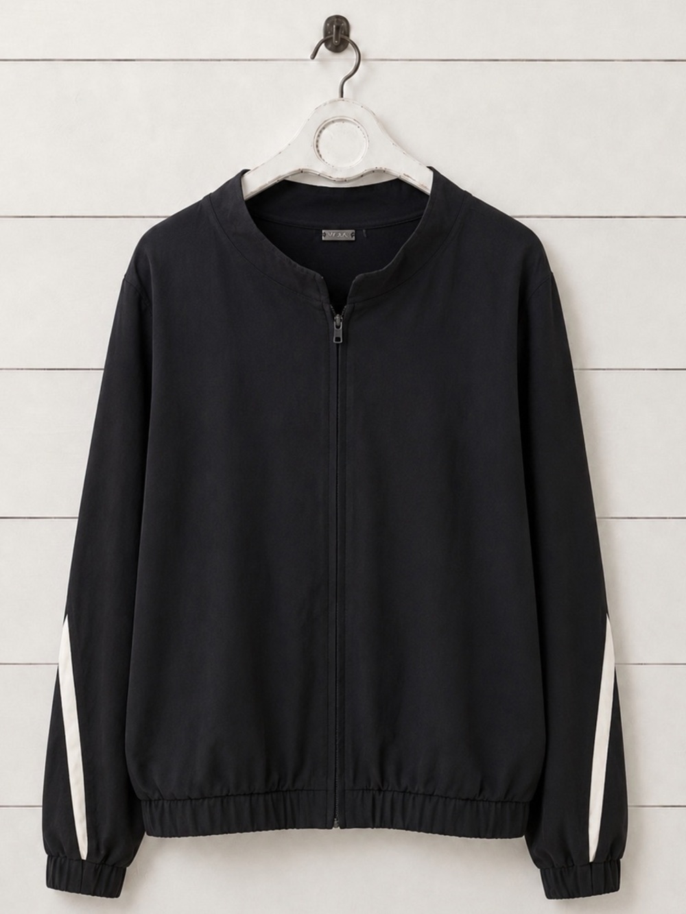 NWT Mexx Black Zip-Front Bomber Jacket with Cream Sleeve Stripe